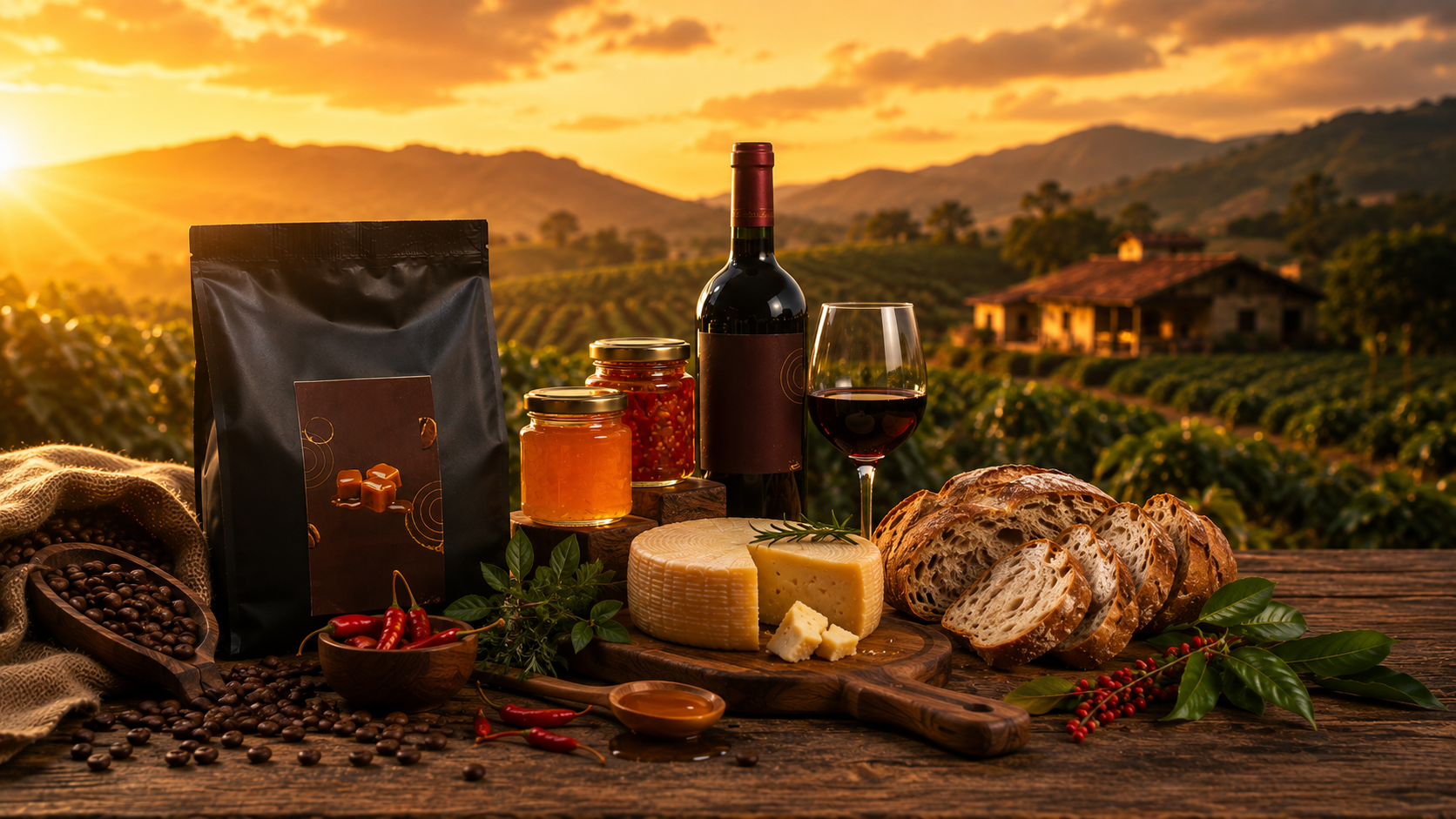 Mesa de madeira com queijo canastra, geleias, pimenta, pão, vinho e café artesanais